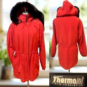 Damselle Insulated Winter Snow Red Faux Suede & Fur Hooded Parka Jacket Size S